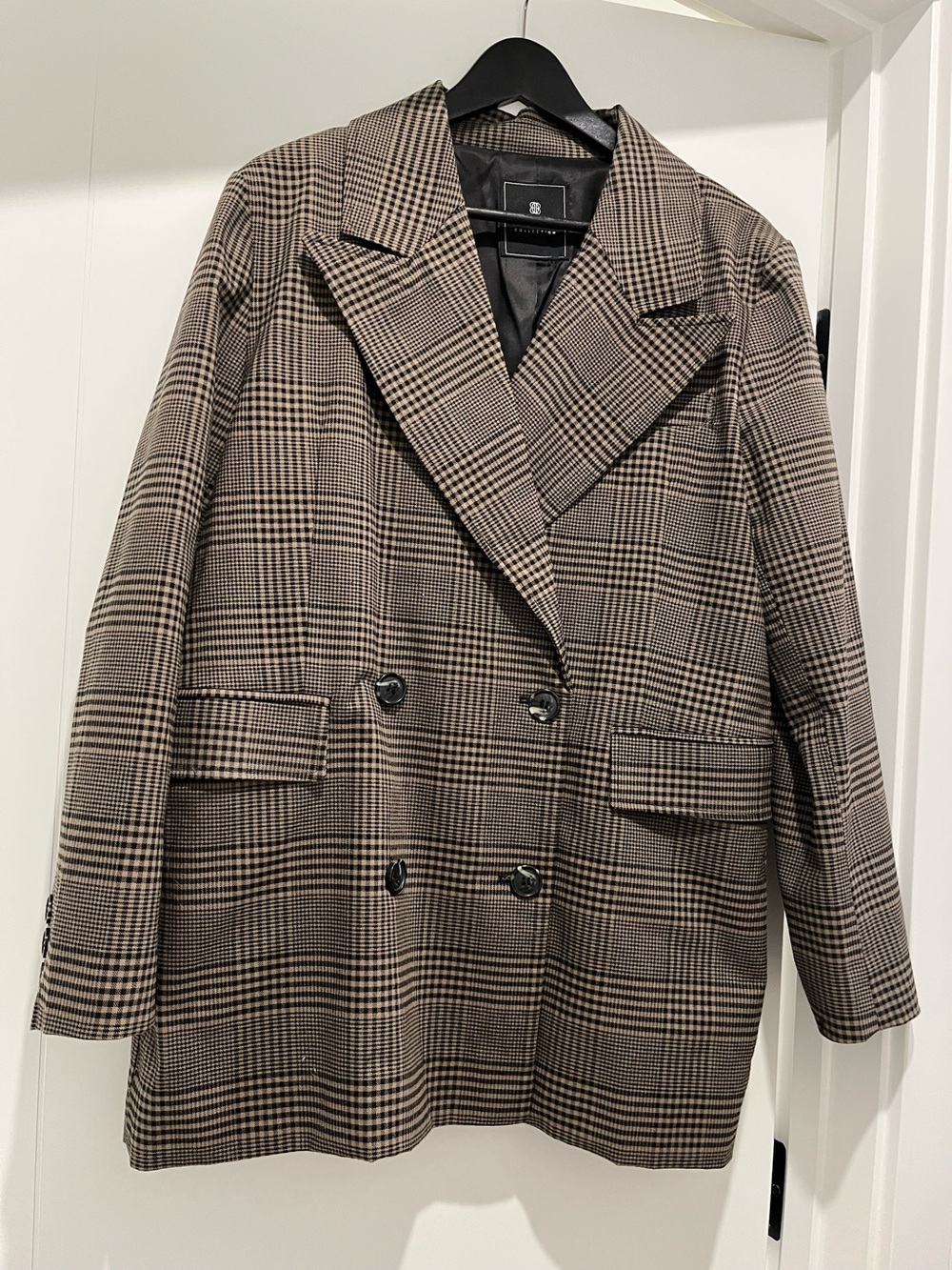 Women's Blazer. double breasted chocolate brown plaid. Bagatelle Montreal design